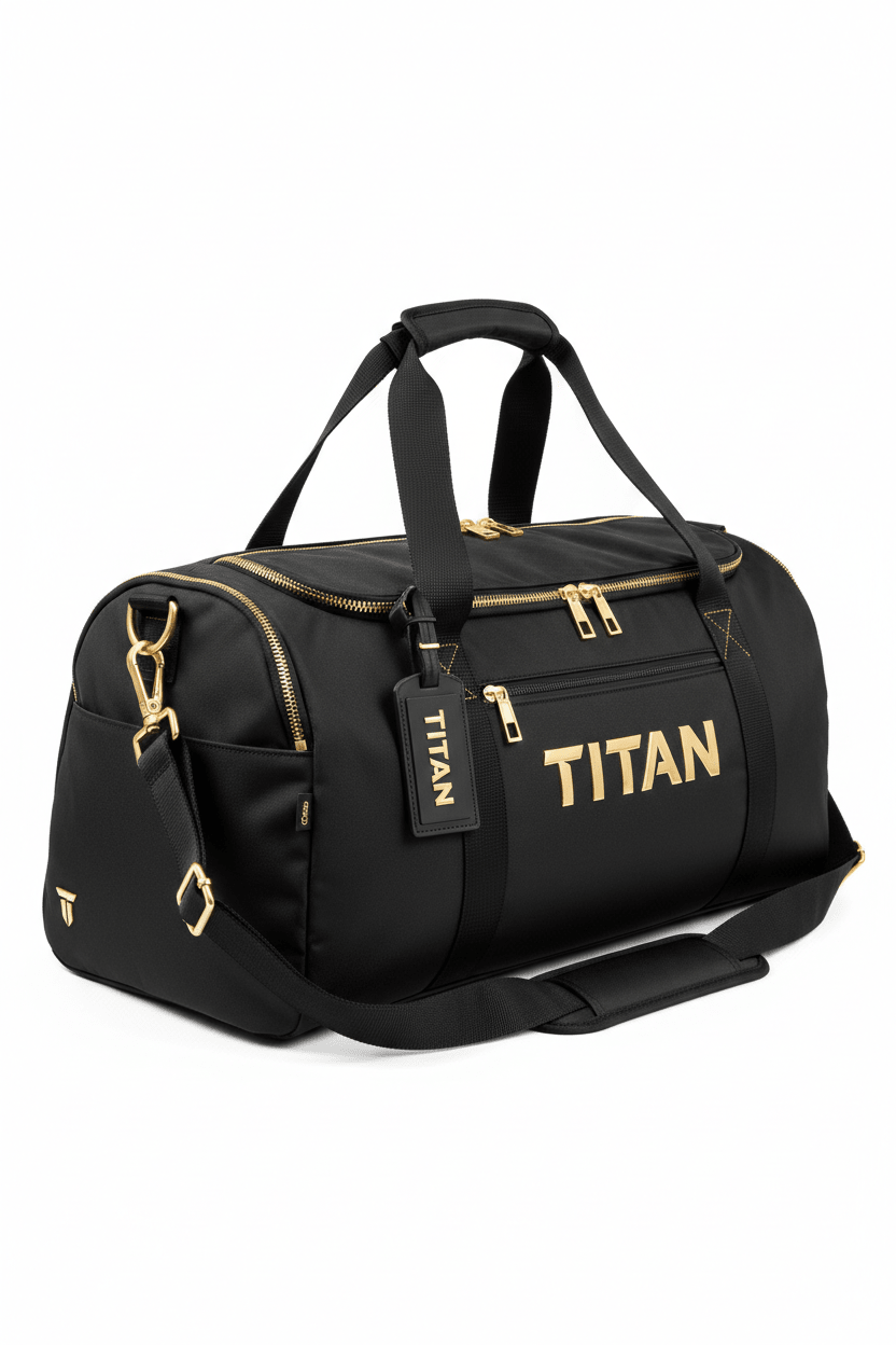 Black 40L TITAN duffel gym bag with gold logo, matching gold zippers, hardware, and a branded luggage tag.