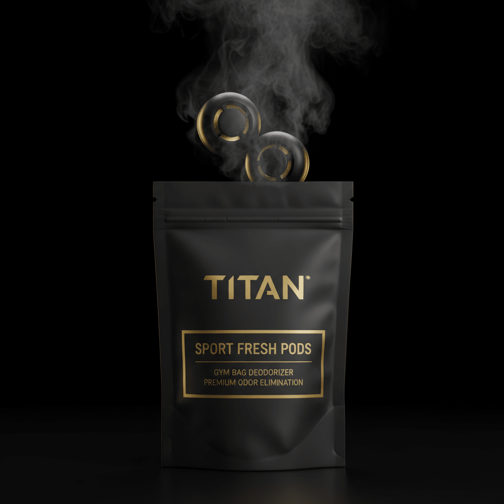 Black TITAN Sport Fresh Pods pouch with gold text and two round, steaming black and gold pods floating above.