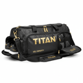 Black 40L waterproof Titan duffel bag with gold logo, side shoe compartment, wet/dry pocket, and gold hardware.