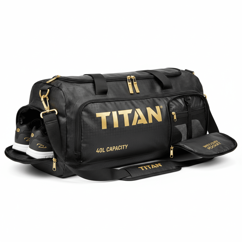 Black 40L waterproof Titan duffel bag with gold logo, side shoe compartment, wet/dry pocket, and gold hardware.