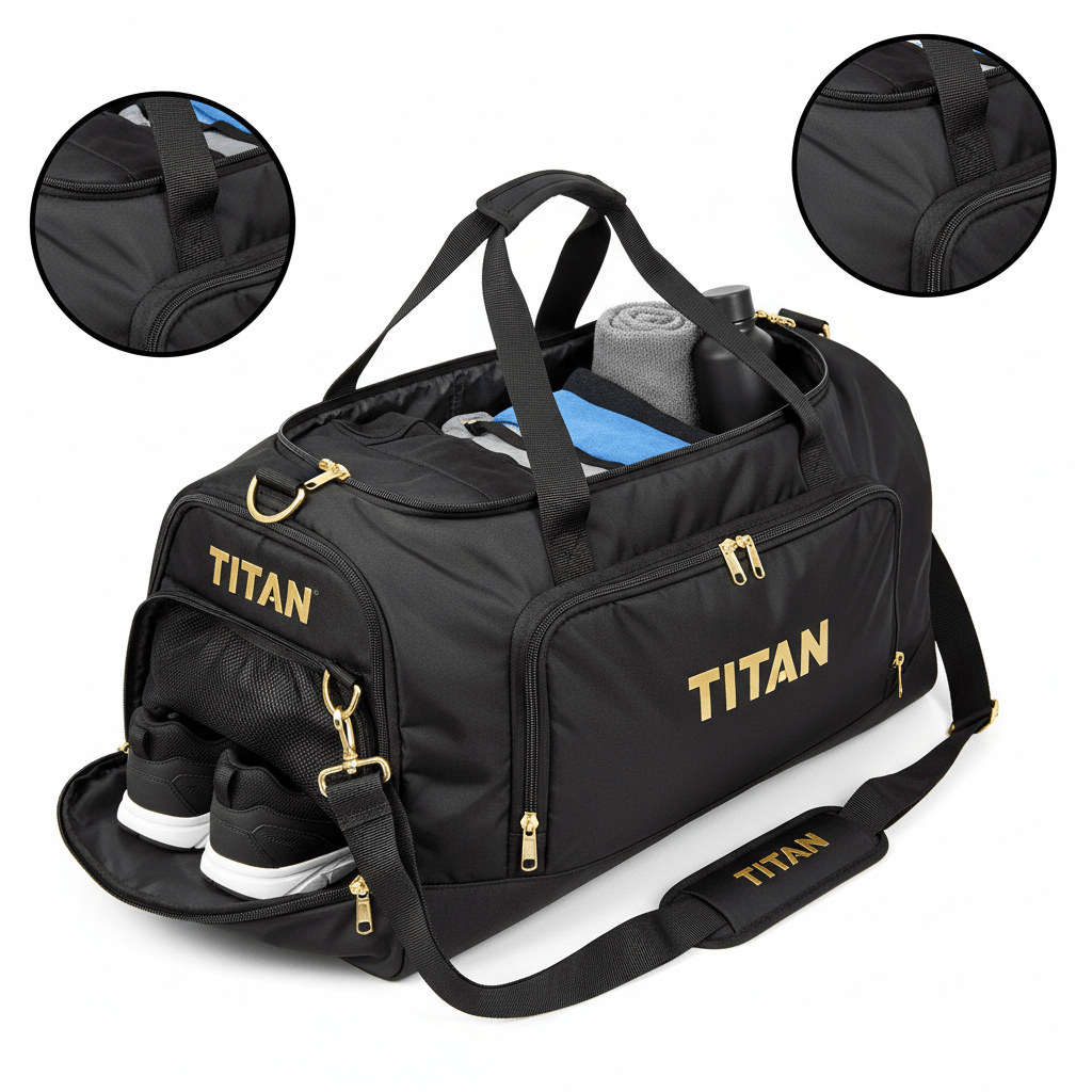 Large black TITAN gym duffel bag with gold logo and zippers, separate shoe compartment, and padded shoulder strap.