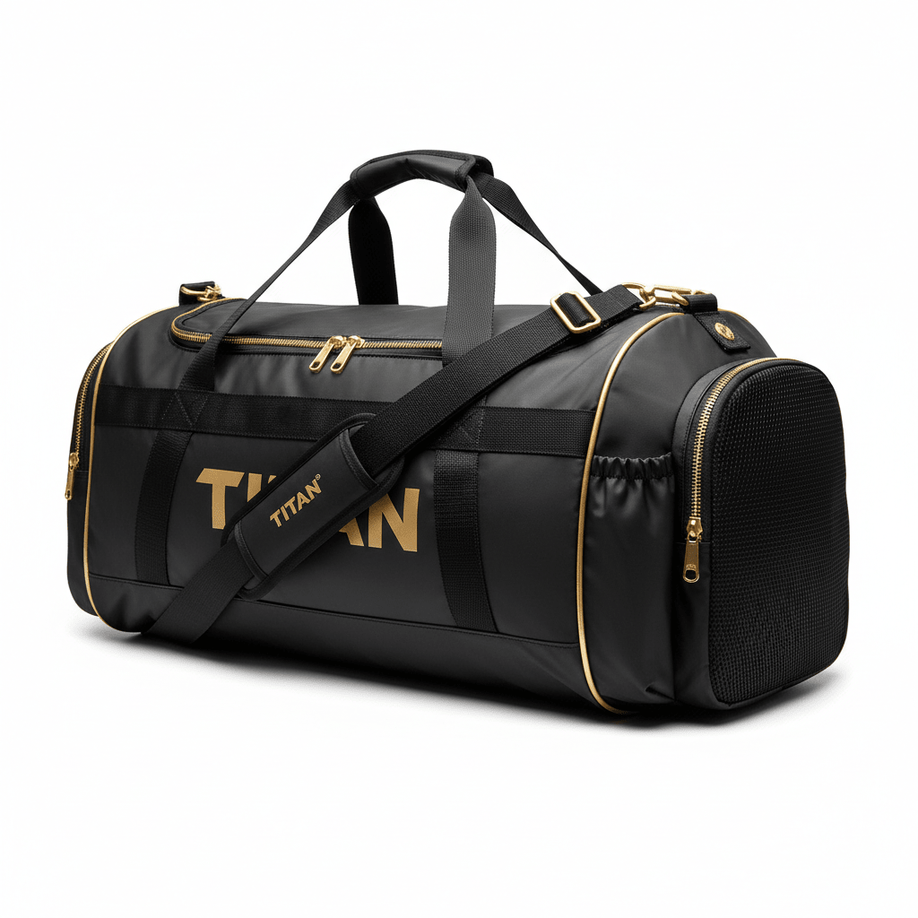 Black TITAN gym duffel bag with gold accents, prominent gold branding, top handles, and a shoulder strap.