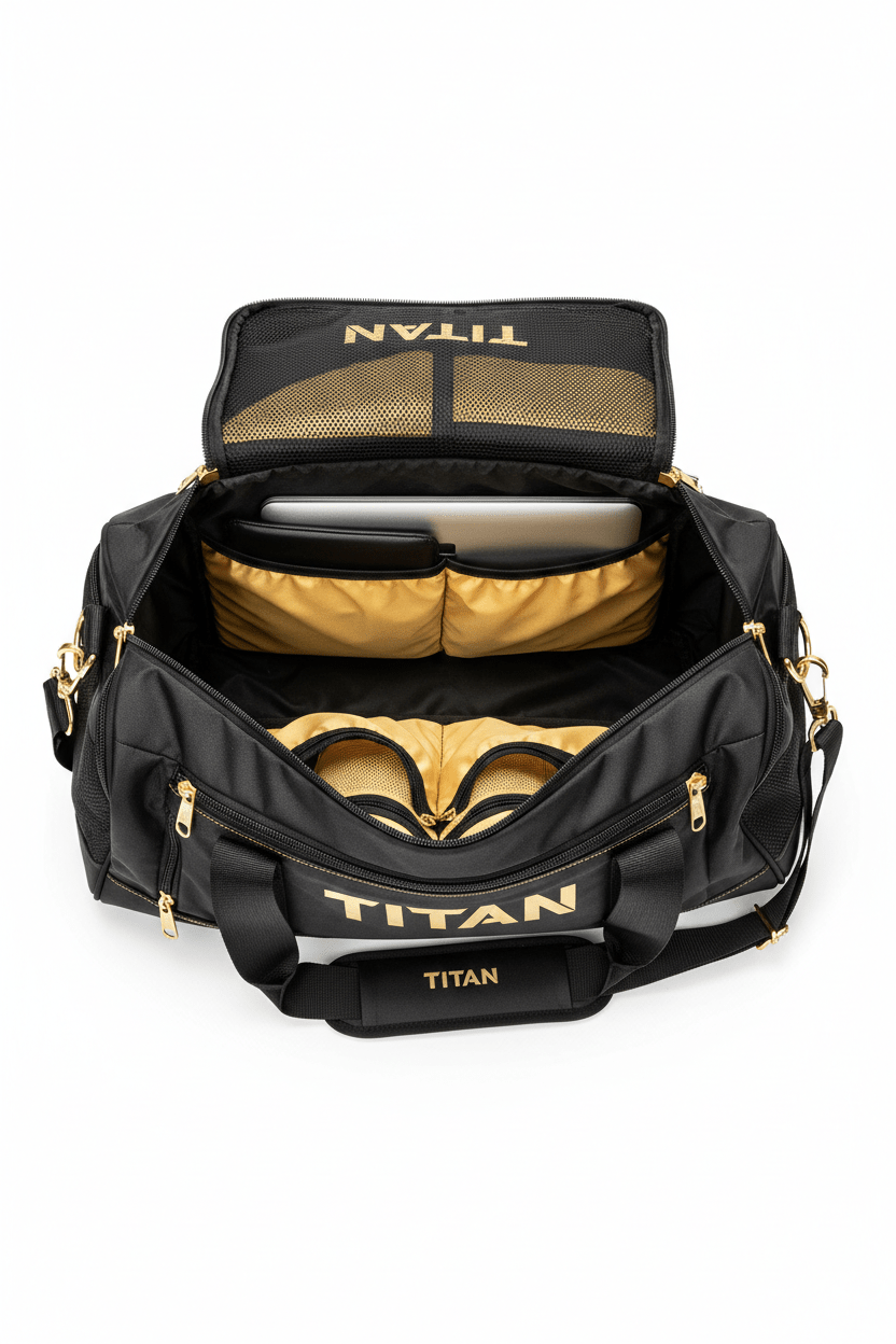 Open black TITAN Duffel Pro gym bag with gold interior, laptop compartment, mesh pockets, and gold logo accents.