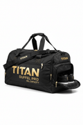 Black Titan 40L duffel bag with gold branding, side shoe compartment, adjustable straps, and gold zippers.