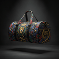 TITAN Crown Edition duffel with colorful lion, dumbbell, and trophy print on black, featuring a shoe compartment.