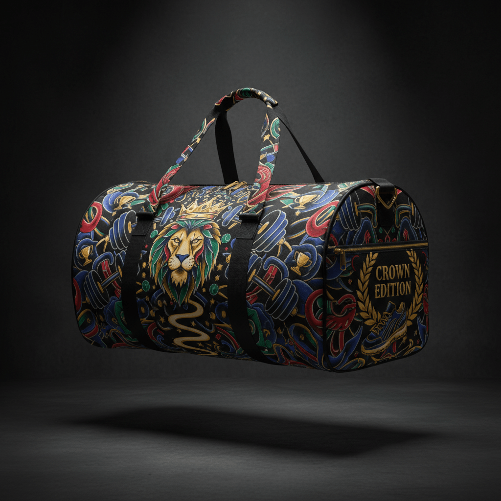 TITAN Crown Edition duffel with colorful lion, dumbbell, and trophy print on black, featuring a shoe compartment.