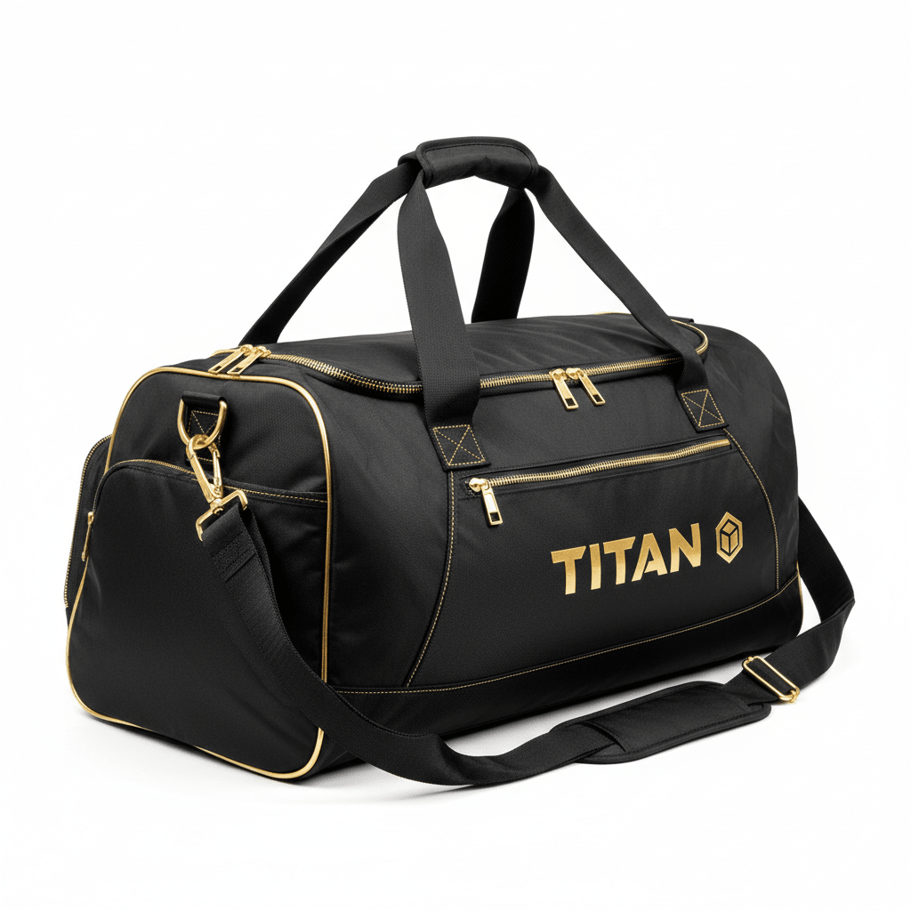 Black gym duffel bag with gold accents, gold zippers, and gold "TITAN" branding, featuring a detachable strap.