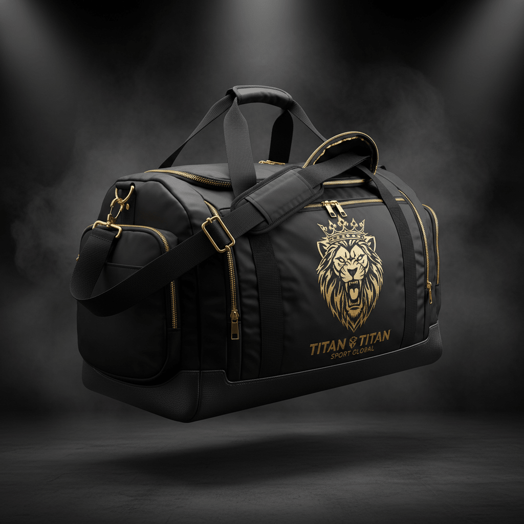 Black athletic duffel bag with gold zippers and a crowned lion logo, featuring textured base and shoulder strap.