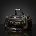 Black TITAN Sport barrel bag with gold accents, metallic zippers, and a branded shoulder strap on a black background.