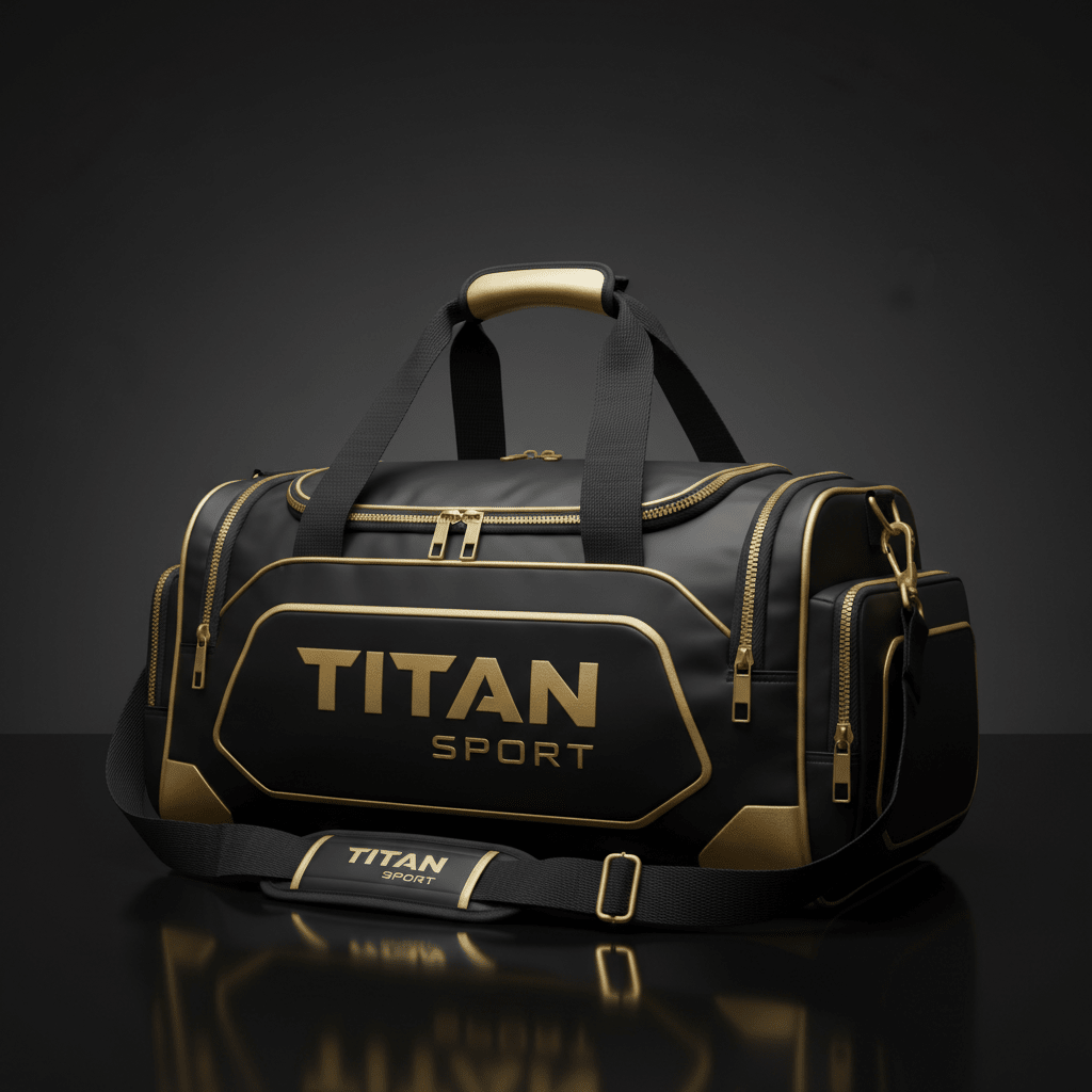 Black TITAN Sport barrel bag with gold accents, metallic zippers, and a branded shoulder strap on a black background.