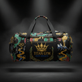 Black TITAN Gym duffel with gold crown logo, Elite Athlete text, and colorful tattoo-style graphic prints.