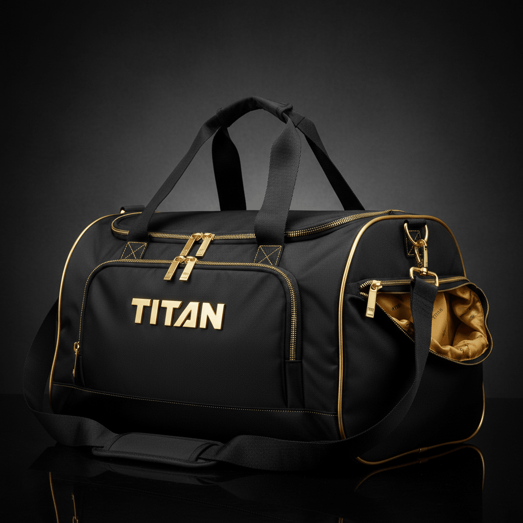 Black TITAN gym duffel bag with gold accents, prominent gold logo, metal hardware, and side pocket on black background.