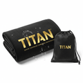 Black microfiber gym towel with gold TITAN logo and features text, paired with a matching black mesh carry pouch.