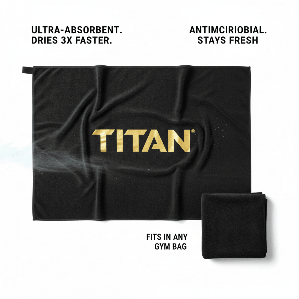 Black microfiber gym towel by TITAN with a metallic gold logo, shown laid flat and folded.