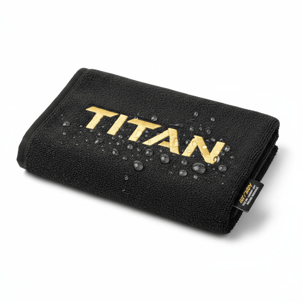 Black microfiber gym towel with gold embroidered "TITAN" logo and water droplets, featuring a side branding tag.