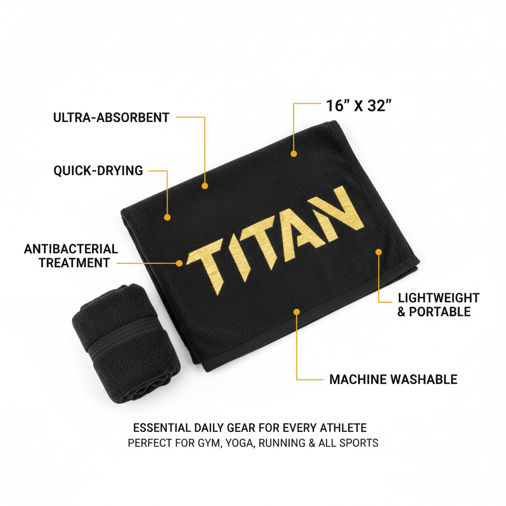 Black premium microfiber gym towel with gold TITAN logo and feature labels highlighting 16"x32" size and benefits.