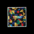 TITAN gym towel featuring a black, gold, red, green, and blue geometric pattern with a holographic border on black.