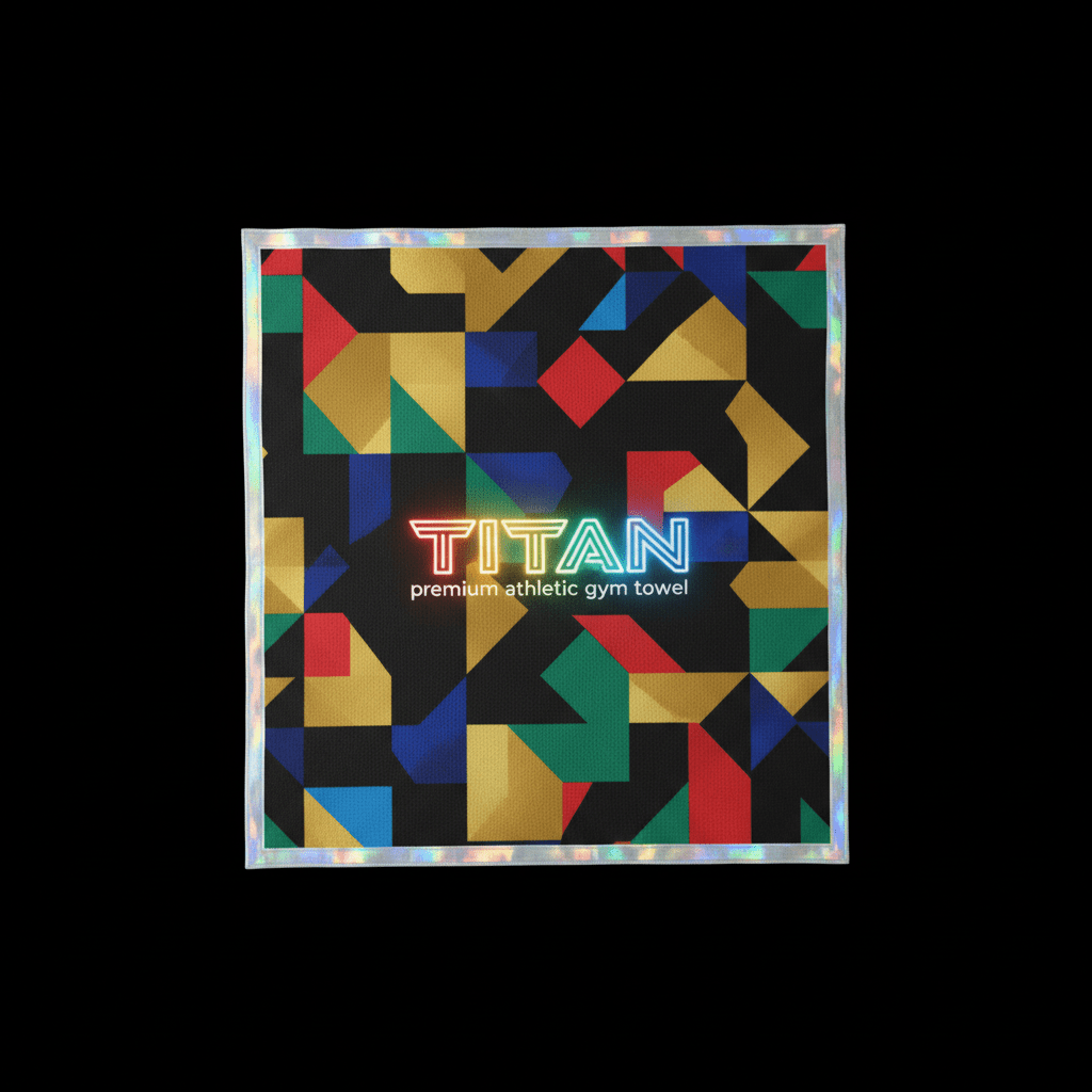TITAN gym towel featuring a black, gold, red, green, and blue geometric pattern with a holographic border on black.