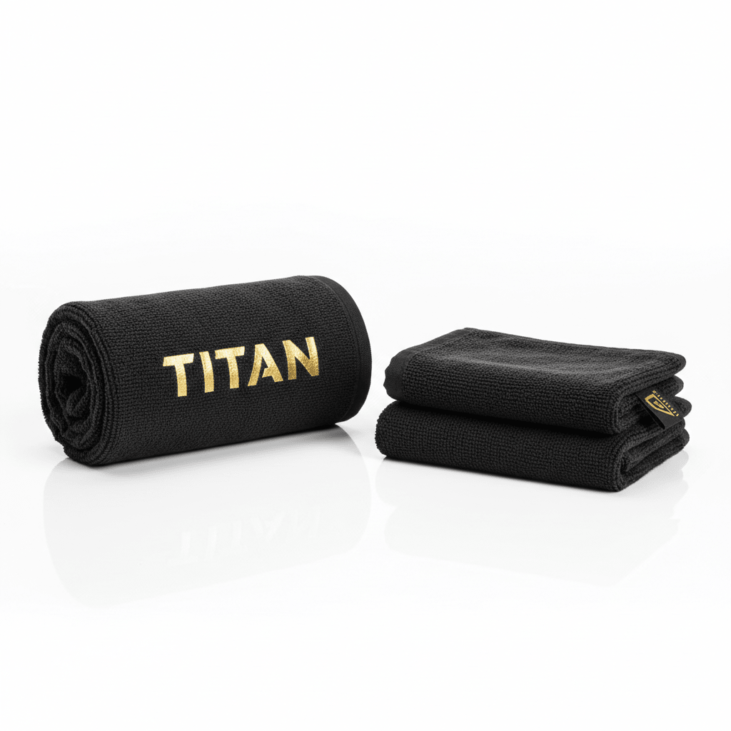 Black XL gym towel by TITAN with metallic gold logo, featuring one rolled towel and one folded on a white surface.