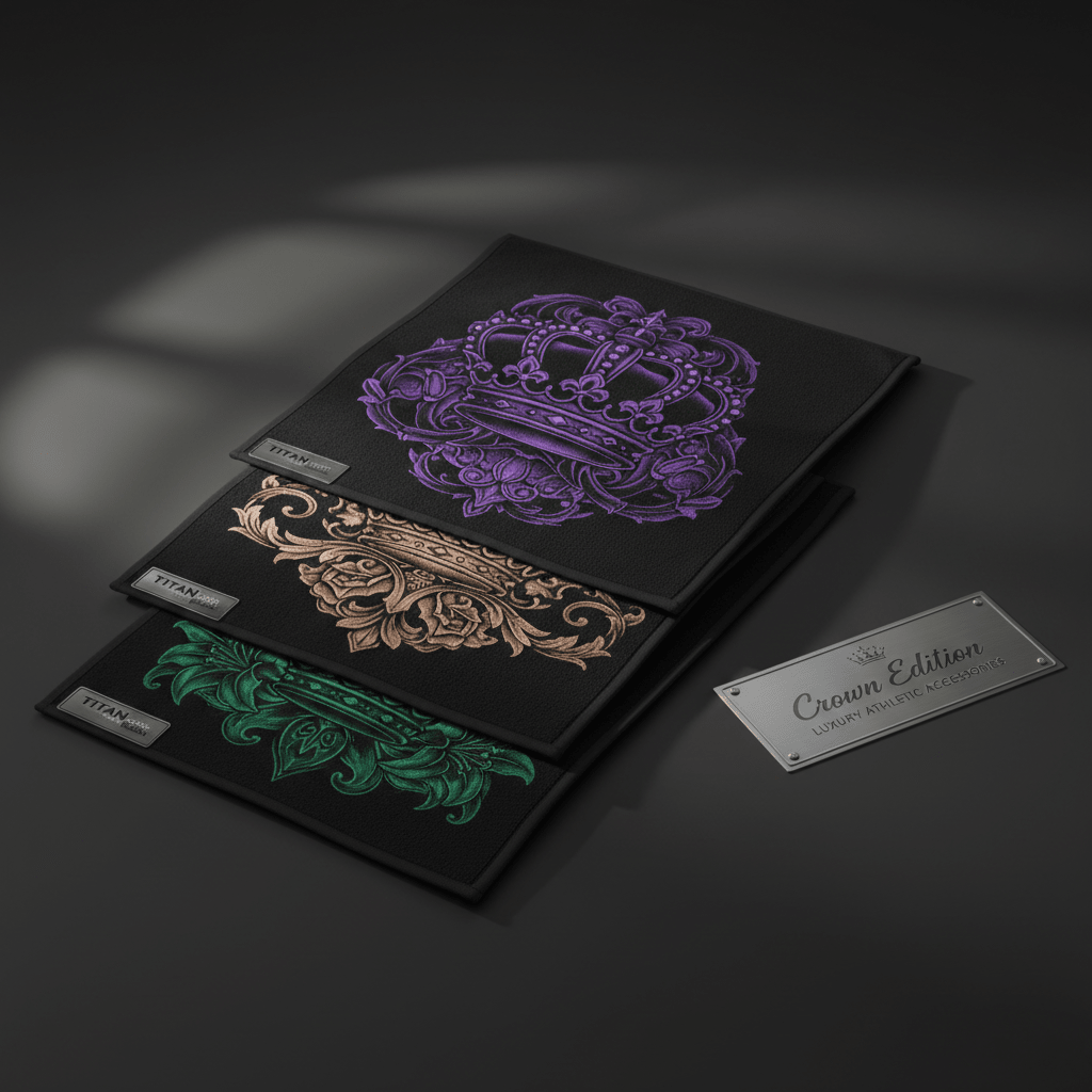 Three black TITAN hand towels with purple, bronze, and green embroidered crown designs and metal logo tags.