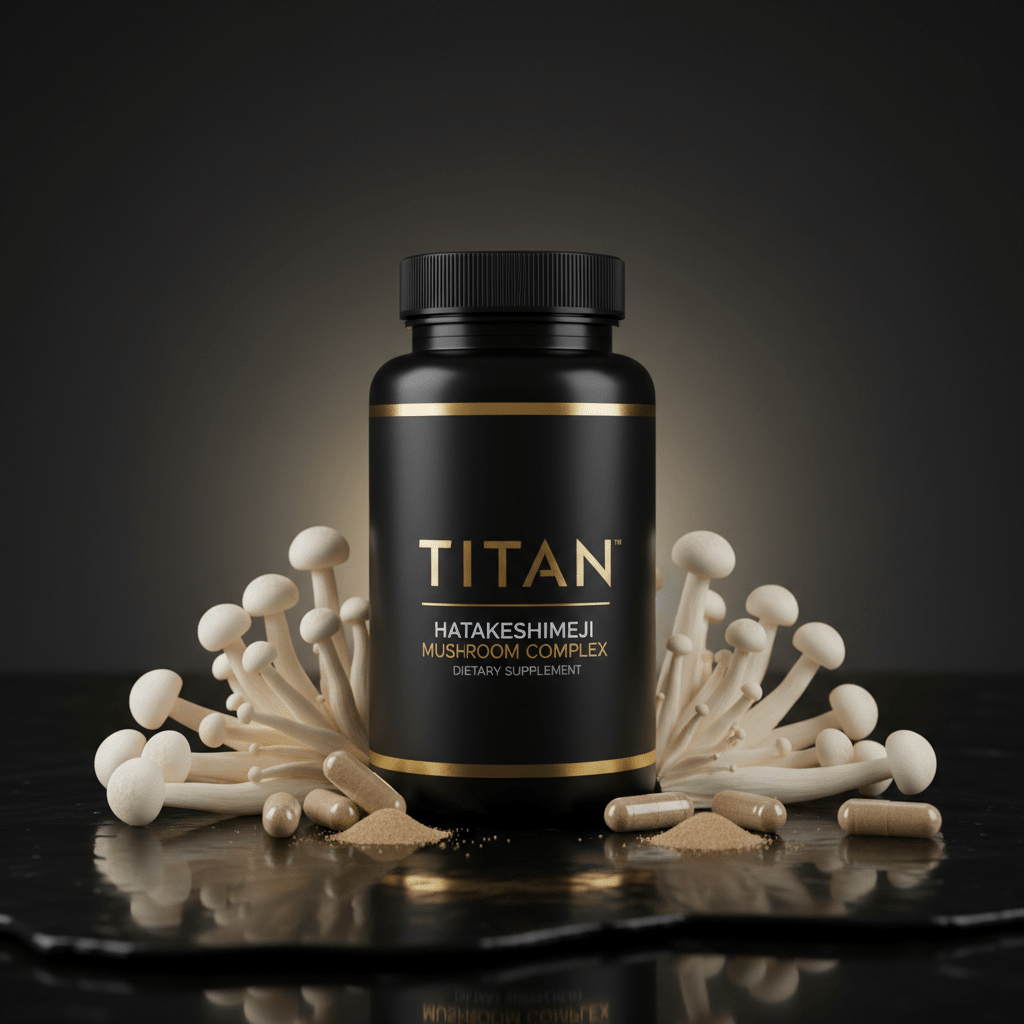 TITAN Hatakeshimeji supplement bottle, black with gold text, surrounded by white mushrooms and capsules on black surface.