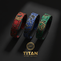 TITAN 3-pack headbands in red lion, blue griffin, and green dragon designs with gold accents on a black background.
