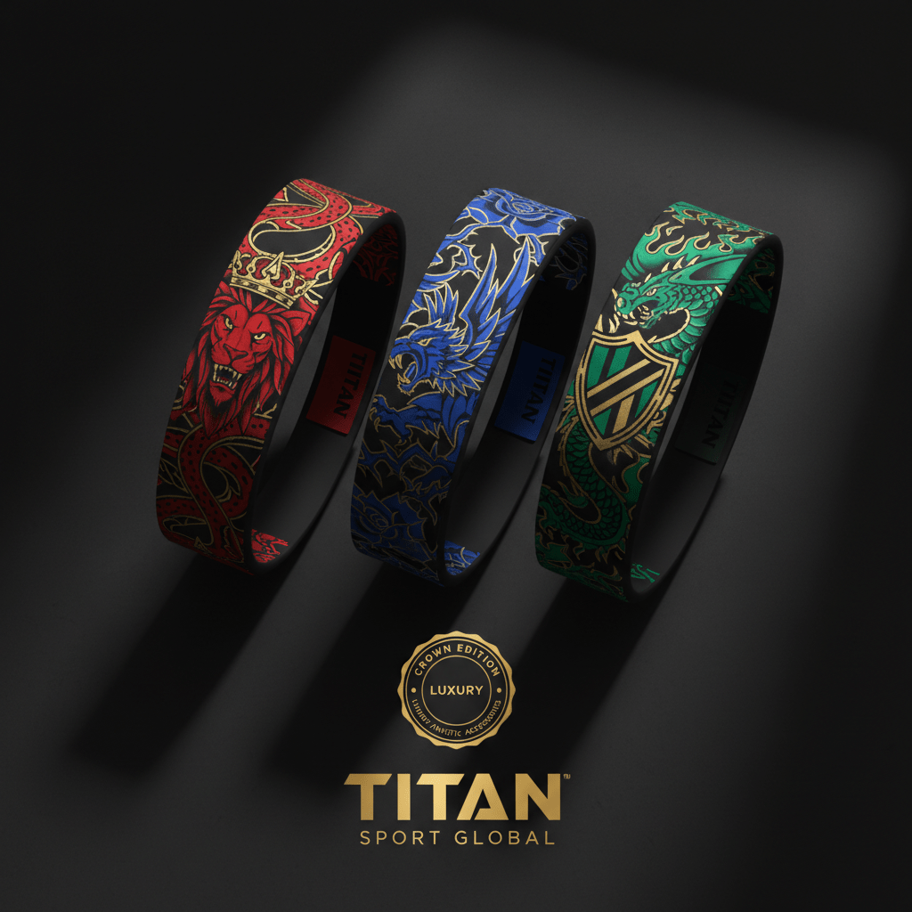 TITAN 3-pack headbands in red lion, blue griffin, and green dragon designs with gold accents on a black background.