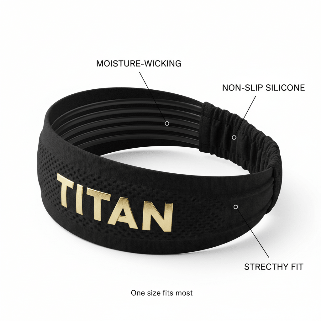 Black Titan headband with gold logo, moisture-wicking fabric, non-slip silicone grip, and an elastic, stretchy fit.