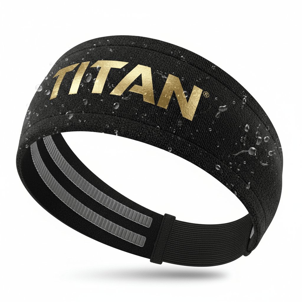 Black sweat-wicking headband with metallic gold "TITAN" logo, water droplets, and interior silicone grip strips.