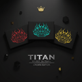 Three black headbands featuring red, cyan, and yellow flaming crown logos arranged on a dark, geometric background.