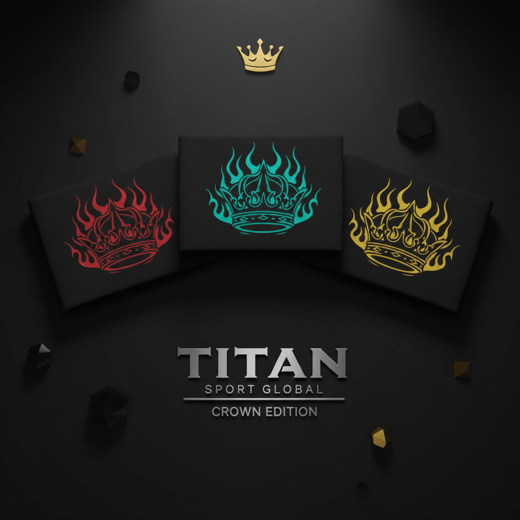 Three black headbands featuring red, cyan, and yellow flaming crown logos arranged on a dark, geometric background.