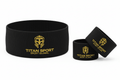 Black performance headband and two wristbands with gold TITAN SPORT GLOBAL logo and helmet icon on a white background.