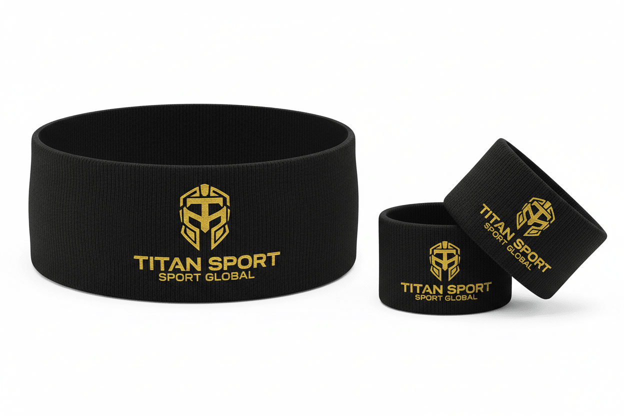 Black performance headband and two wristbands with gold TITAN SPORT GLOBAL logo and helmet icon on a white background.