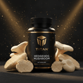 Black bottle of Titan Hedgehog Mushroom supplements with gold logo, surrounded by mushrooms on dark gold-dusted background.