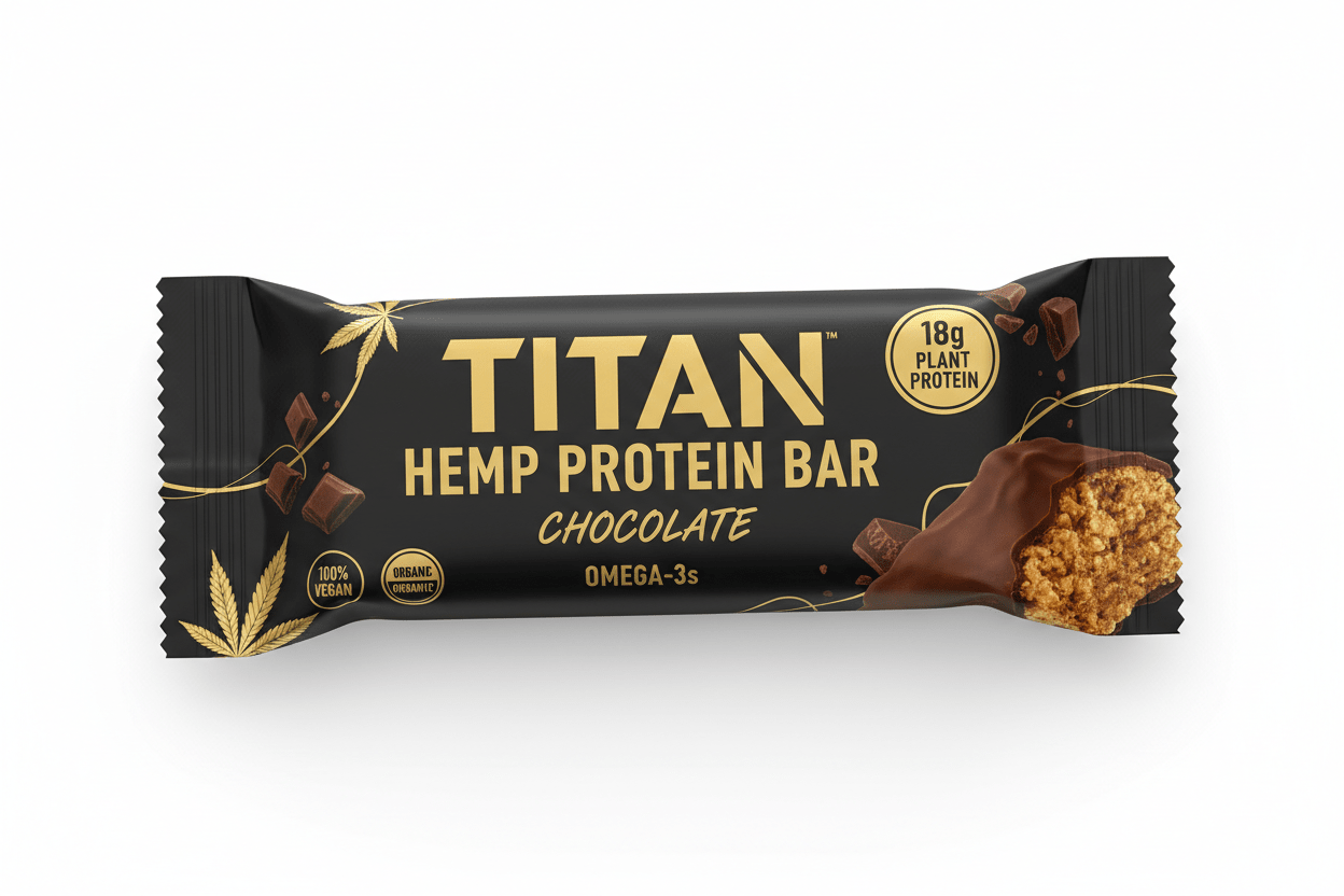 Black TITAN hemp protein bar wrapper with gold text, hemp leaf graphics, 18g plant protein seal, and chocolate bits.