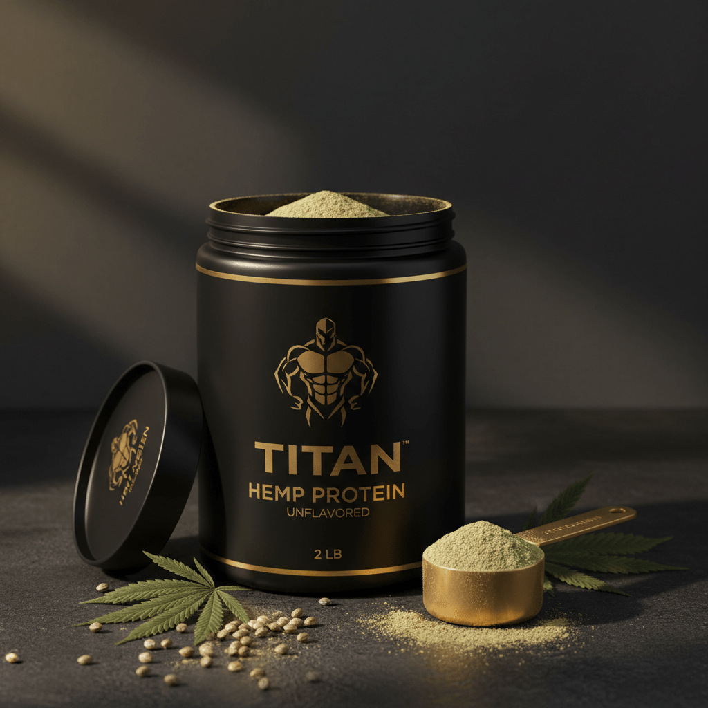 Black tub of TITAN Hemp Protein with gold logo, open lid, gold scoop of green powder, and hemp leaves on dark surface.
