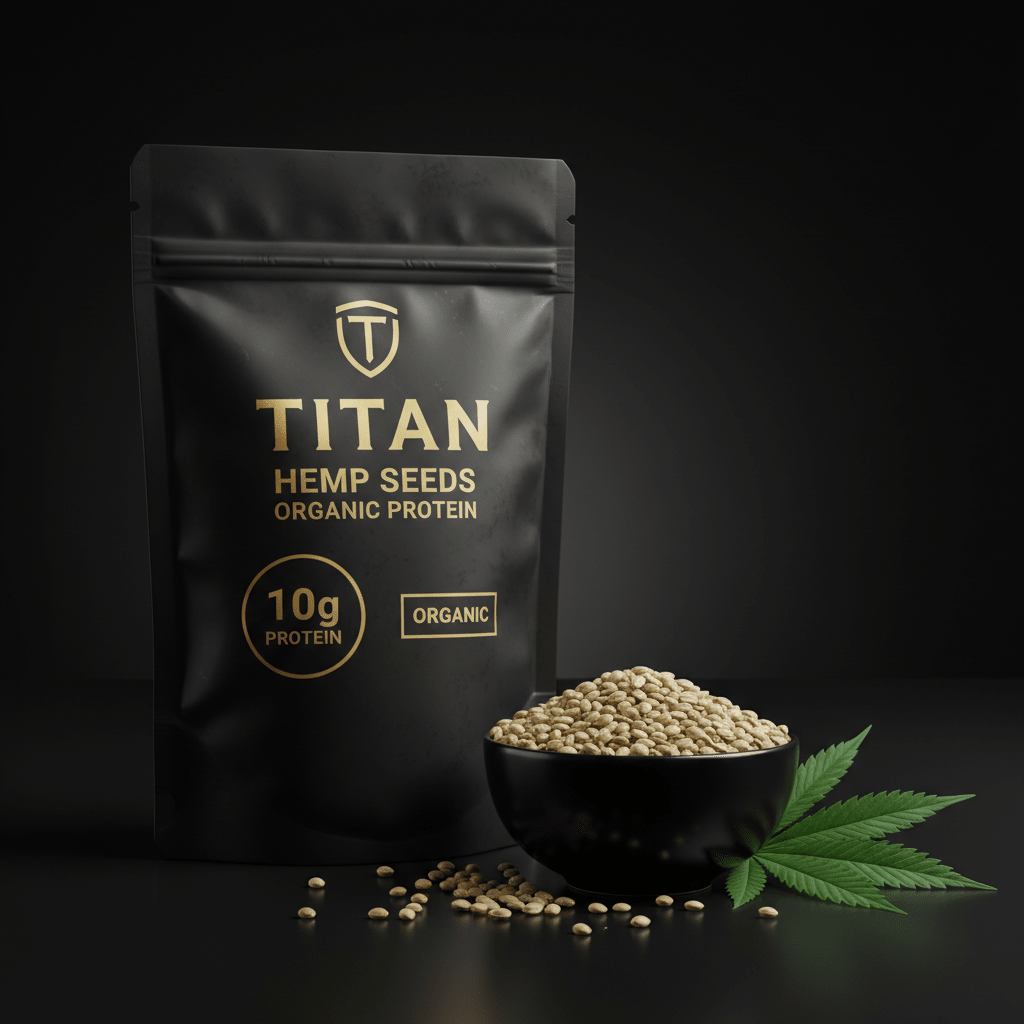 Black pouch of TITAN organic hemp seeds with gold text, bowl of seeds, and a hemp leaf on a dark surface.