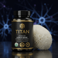 Black bottle of TITAN Hericium Lion's Mane supplement next to a fuzzy white mushroom on a dark, neural-pattern background.