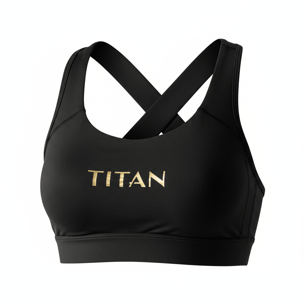 Black TITAN sports bra with a gold logo and a wide, crisscross strap back design against a white background.