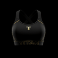 Black high-impact sports bra with gold T-logo, contrast stitching, and branded elastic underband on black background.