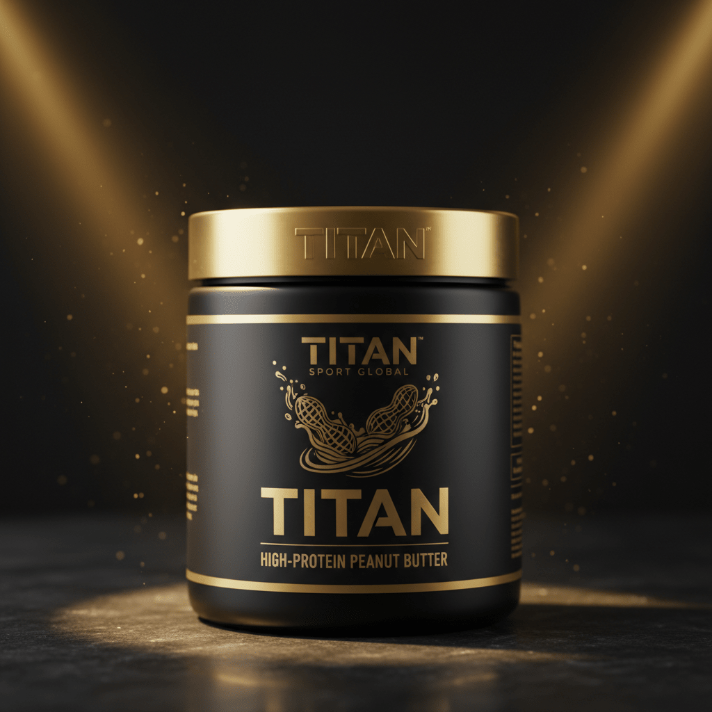 Black jar of Titan High-Protein Peanut Butter with gold lid, logo, and peanut graphics under glowing spotlights.