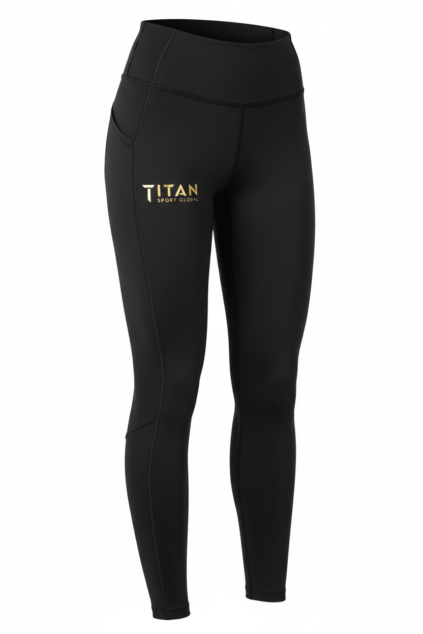 Black thermal running tights with high waist, side pockets, and metallic gold TITAN SPORT GLOBAL logo on the hip.