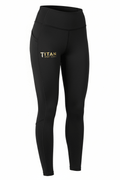 Black thermal running tights with high waist, side pockets, and metallic gold TITAN SPORT GLOBAL logo on the hip.