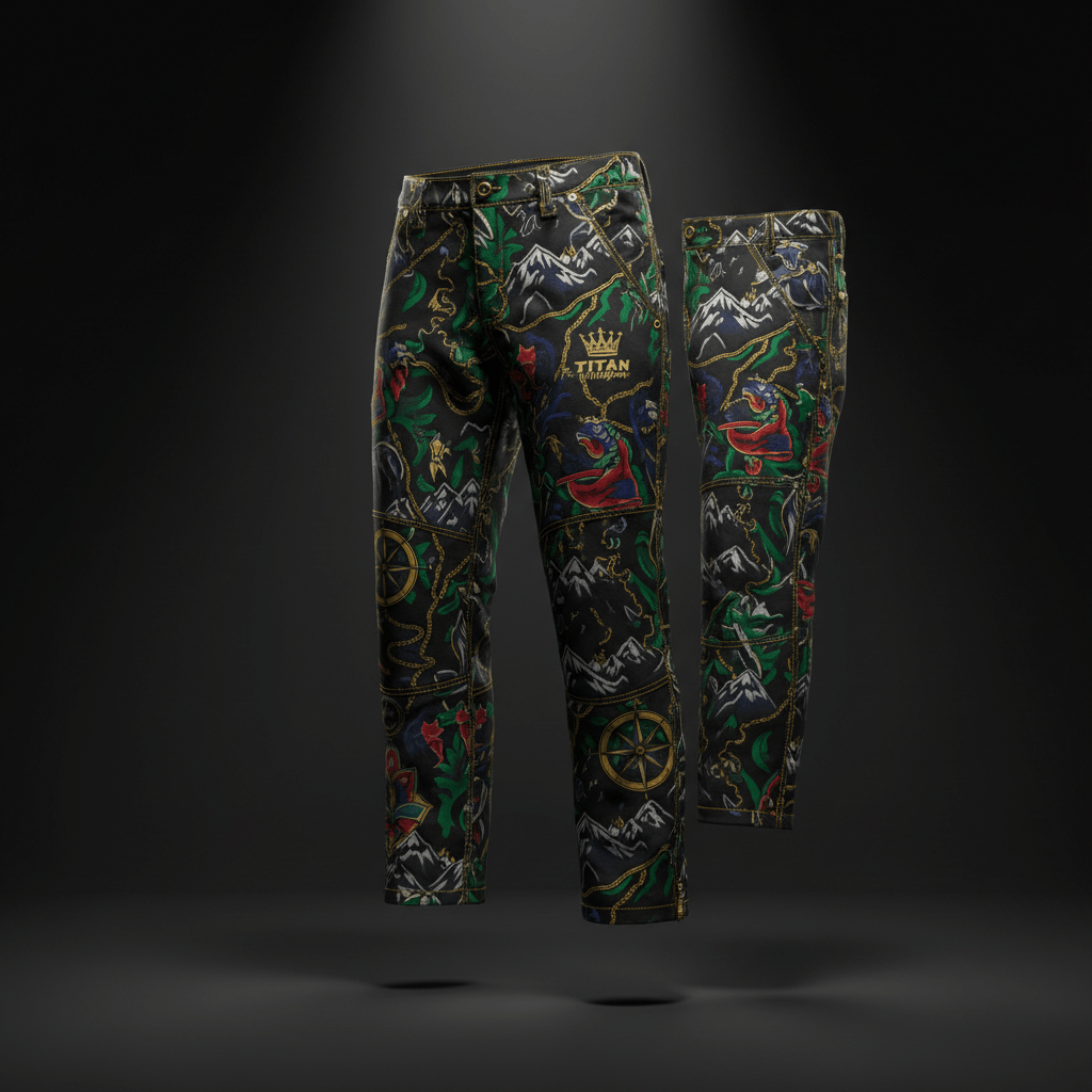 TITAN HikePro black convertible trail pants with a colorful mountain, compass, and crown topographic map print.