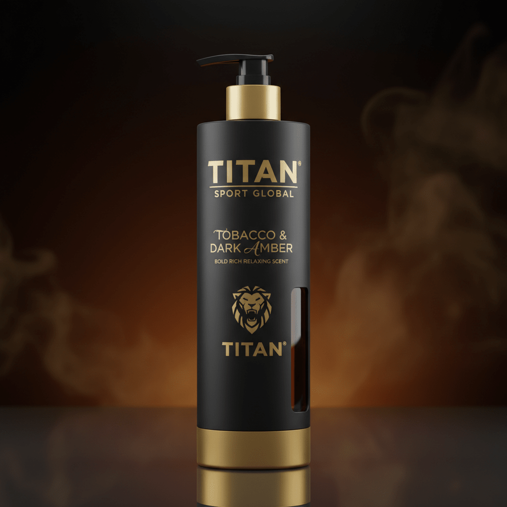 Matte black body wash bottle with gold pump, base, and lion logo. Features Tobacco & Dark Amber branding text.