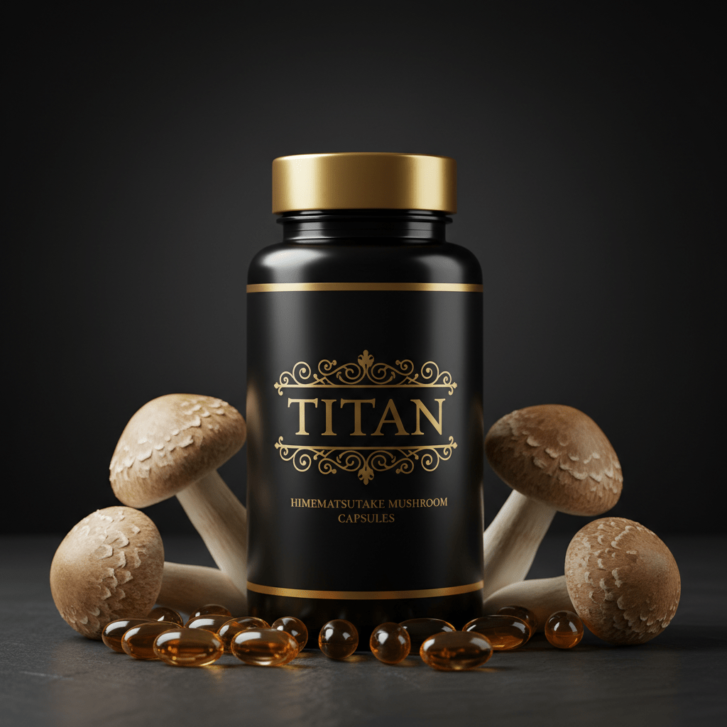 Black bottle with gold cap and label, "TITAN" logo, mushrooms, and amber capsules on a dark surface.