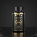 Black supplement bottle with gold label featuring a mushroom icon, TITAN branding, and text on a dark surface.