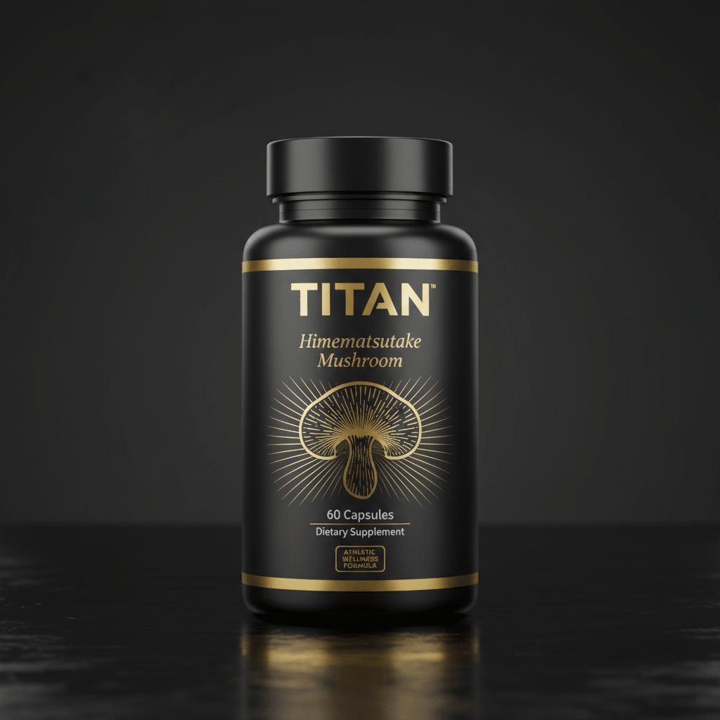 Black supplement bottle with gold label featuring a mushroom icon, TITAN branding, and text on a dark surface.