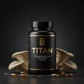 TITAN Hiratake Mushroom supplement bottle in black with gold text, surrounded by oyster mushrooms and amber capsules.