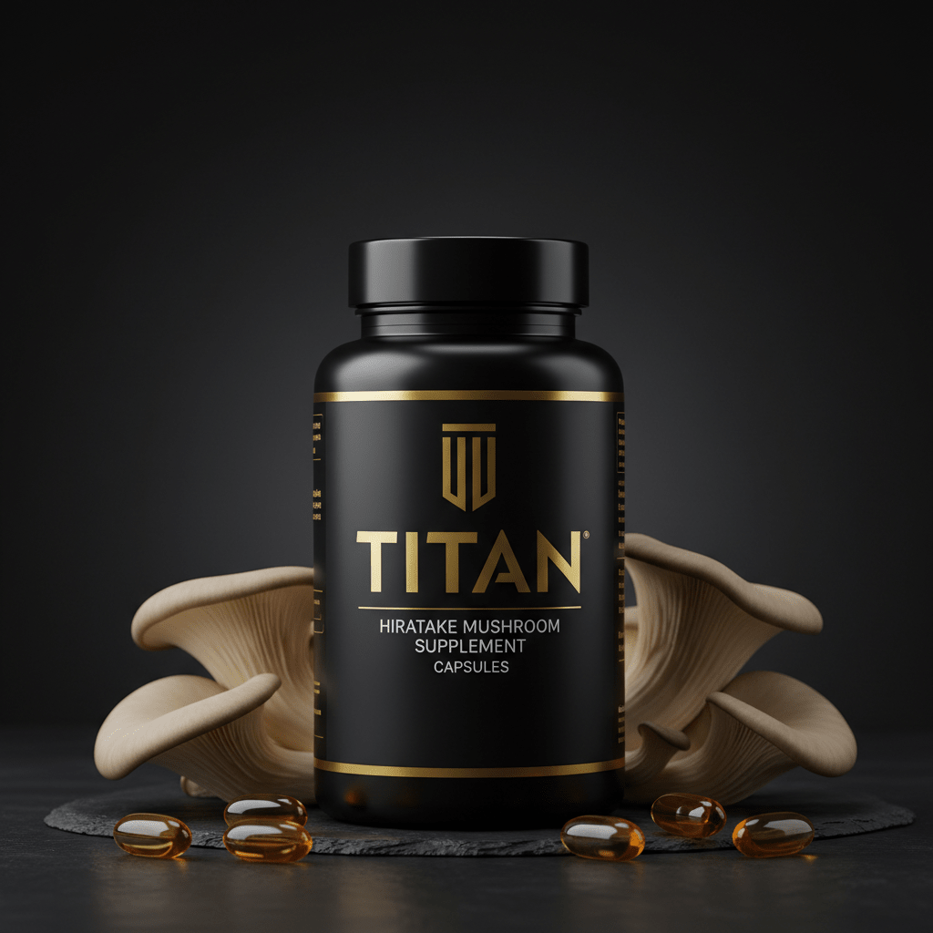 TITAN Hiratake Mushroom supplement bottle in black with gold text, surrounded by oyster mushrooms and amber capsules.